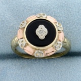 Vintage Tri-color Onyx And Diamond Ring In 10k Yellow, White And Rose Gold