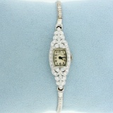 Antique Woman's Diamond Windup Hamilton Wrist Watch In Platinum With Solid 14k White Gold Band