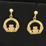 Claddagh Dangle Earrings In 14k Yellow Gold