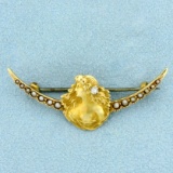 Antique Silhouette Goddess Pearl And Diamond Pin In 14k Yellow Gold