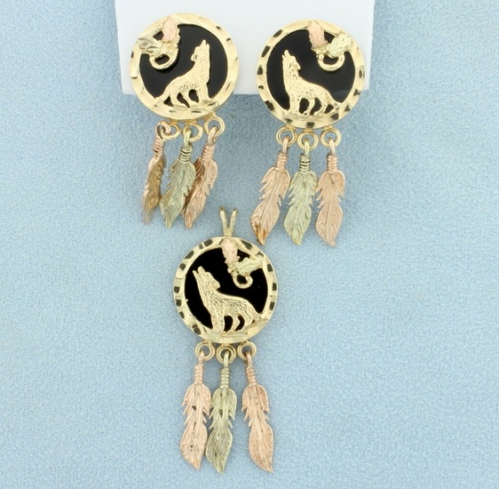 Native American Dream Catcher Pendant & Earrings Set In 10k Gold