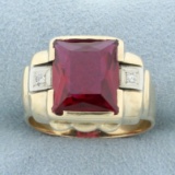 Mens Vintage 6ct Lab Ruby And Diamond Ring In 14k Yellow Gold