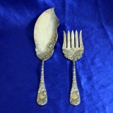 Antique Heavy Flower Relief Serving Fork And Casserole Server In Solid Sterling Silver