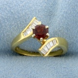 Garnet And Baguette Diamond Bypass Ring In 18k Yellow Gold