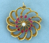 Vintage Ruby And Pearl Pinwheel Pin/pendant In 14k Yellow Gold