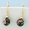 Hand Painted Flower Design Bead Dangle Earrings In 14k Yellow Gold