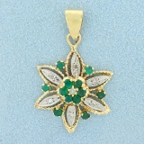 Vintage Emerald And Diamond Flower Pendant In 14k Yellow And White Gold