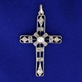 Antique Old European And Rose Cut Diamond Cross Pendant In 14k White Gold