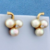 Vintage Diamond And Akoya Pearl Earrings In 14k Yellow Gold