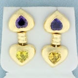 5ct Tw Purple And Yellow Sapphire Dangle Heart Earrings In 14k Yellow Gold