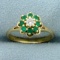 Emerald And Diamond Flower Design Ring In 14k Yellow Gold