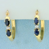 Natural Sapphire And Diamond Hoop Earring In 14k Yellow Gold