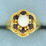 Vintage Garnet And Akoya Pearl Flower Ring In 18k Yellow Gold