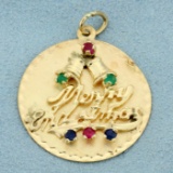 Merry Christmas Bells Pendant With Emeralds, Sapphires, And Rubies In 14k Yellow Gold