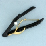 Vintage Maui Divers Black Coral And Pearl Pin In 14k Yellow Gold