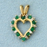 Natural Emerald And Diamond Heart Pendant In 10k Yellow Gold