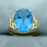 10ct Swiss Blue Topaz Solitaire Statement Ring In 14k Yellow Gold