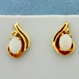 Natural Opal And Diamond Earrings In 14k Yellow Gold