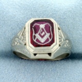 Lab Ruby Masonic Ring In 10k White Gold