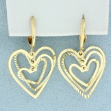 3d Heart Dangle Earrings In 14k Yellow Gold