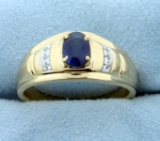 Men's 1ct Natural Sapphire And Diamond Ring In 14k Yellow And White Gold