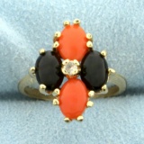 Red And Black Coral And White Sapphire Ring In 10k Yellow Gold