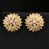 Flower Design Pearl Earrings In 14k Yellow Gold