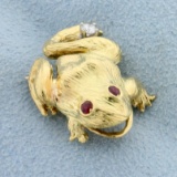 Ruby And Diamond Frog Pin In 18k Yellow Gold