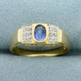 Natural Sapphire And Diamond Ring In 14k Yellow Gold