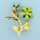 Vintage Enamel Flower Pin In 18k Yellow Gold