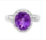 Huge 3.2ct Amethyst & White Sapphire Halo Ring In Sterling Silver