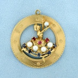 Ballerina Pendant With Rubies, Sapphires, And Pearls In 14k Yellow Gold