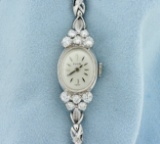 Antique Womens Diamond Elgin Watch In 14k White Gold