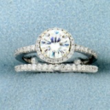 Moissanite And Diamond Halo Style Engagement Ring And Wedding Band Bridal Set In 14k White Gold