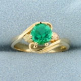 Vintage 1ct Synthetic Emerald Solitaire Bypass Style Ring In 10k Yellow Gold