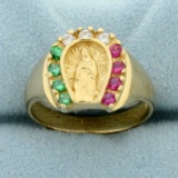 Virgin Mary Lab Emerald, Lab Ruby, And White Sapphire Ring In 10k Yellow Gold