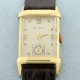 Mens Vintage Bulova Manual Wind Wrist Watch With Solid 14k Yellow Gold Case And Alligator Leather Ba