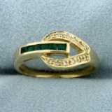 Unique Emerald And Diamond Ring In 14k Yellow Gold