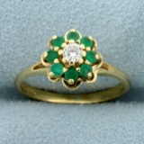 Emerald And Diamond Flower Design Ring In 14k Yellow Gold