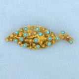 Designer Abstract Design Persian Turquoise Pin In 14k Yellow Gold