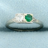 Antique Emerald And Diamond Two Stone Ring In 18k White Gold