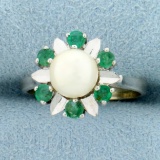 Vintage Emerald And Akoya Pearl Flower Design Ring In 18k White Gold