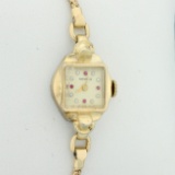 Womens Vintage Ruby And Diamond Benrus Manual Wind Wristwatch In 10k Plated Yellow Gold