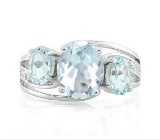 Large Aquamarine & Blue Topaz 3-stone Diamond Ring In Sterling Silver