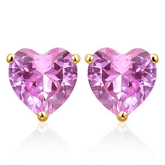 6mm Lab Pink Sapphire Heart Stud Earrings In 10k Yellow Gold