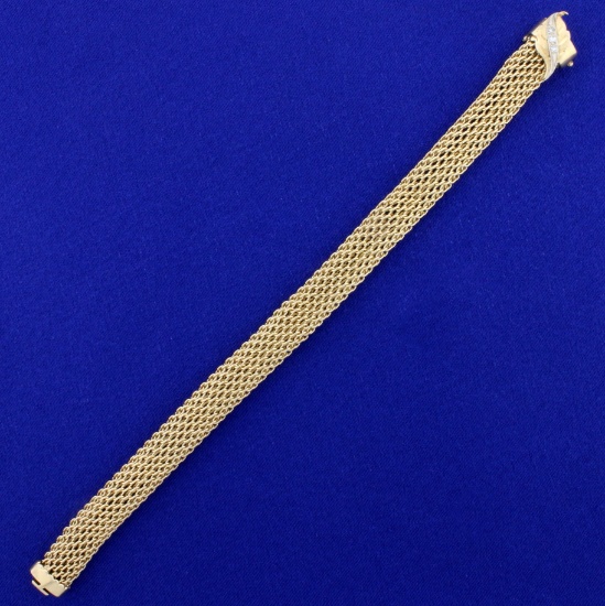 7 1/4 Inch Vintage Diamond And Mesh Leaf Bracelet In 14k Yellow Gold.