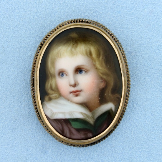 Antique Hand Pained Child's Cameo Pin