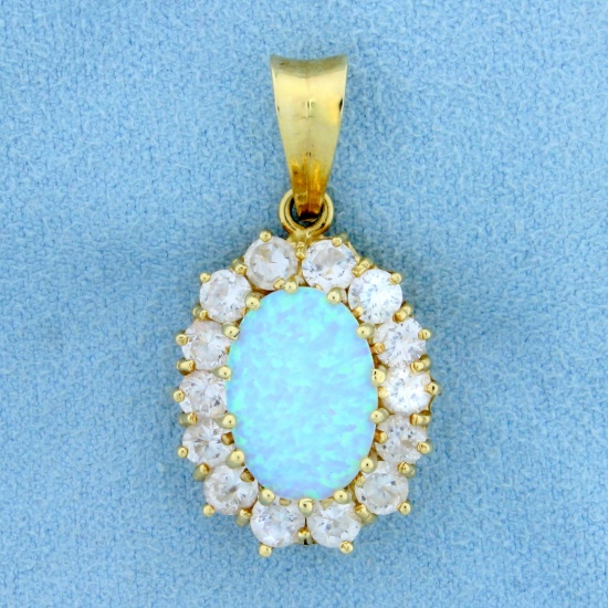 Italian-made Lab Created Opal And Cz Pendant In 14k Yellow Gold