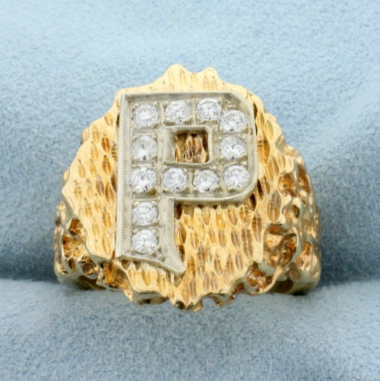 1/2ct Tw Diamond Initial "p" Gold Nugget Ring In 14k Yellow And White Gold