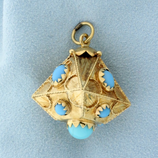 Unique Italian-made Geometric Spinning Top Design Turquoise Pendant In 14k Yellow Gold